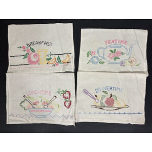 Vintage Tea Towel Set Embroidered Breakfast Lunch Dinner Tea Retro Kitchen